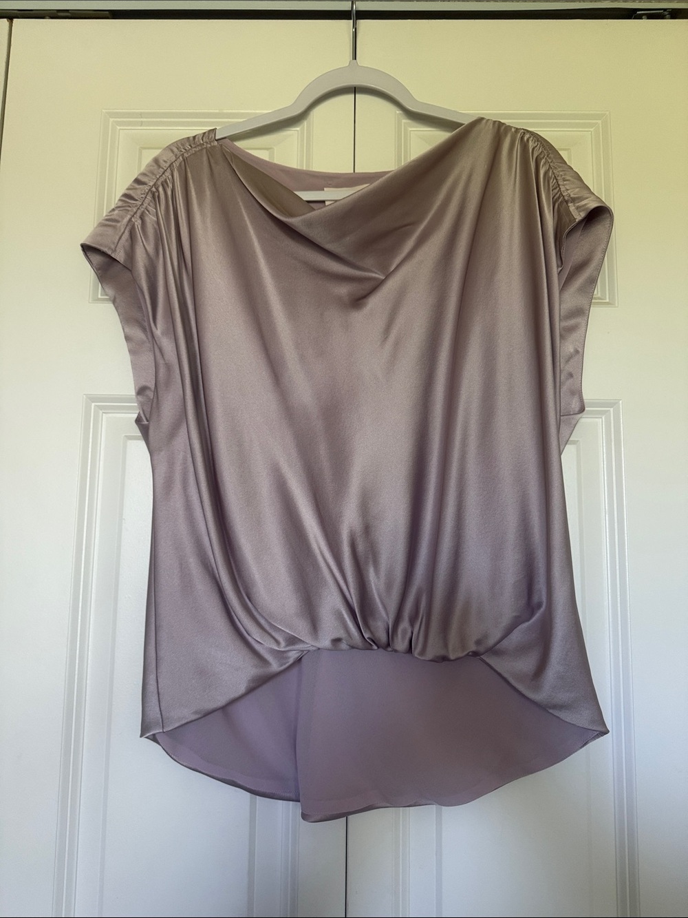 Cinq à Sept Adriana Silk Cowl Neck Top Purple Pink Ruched Size M EUC